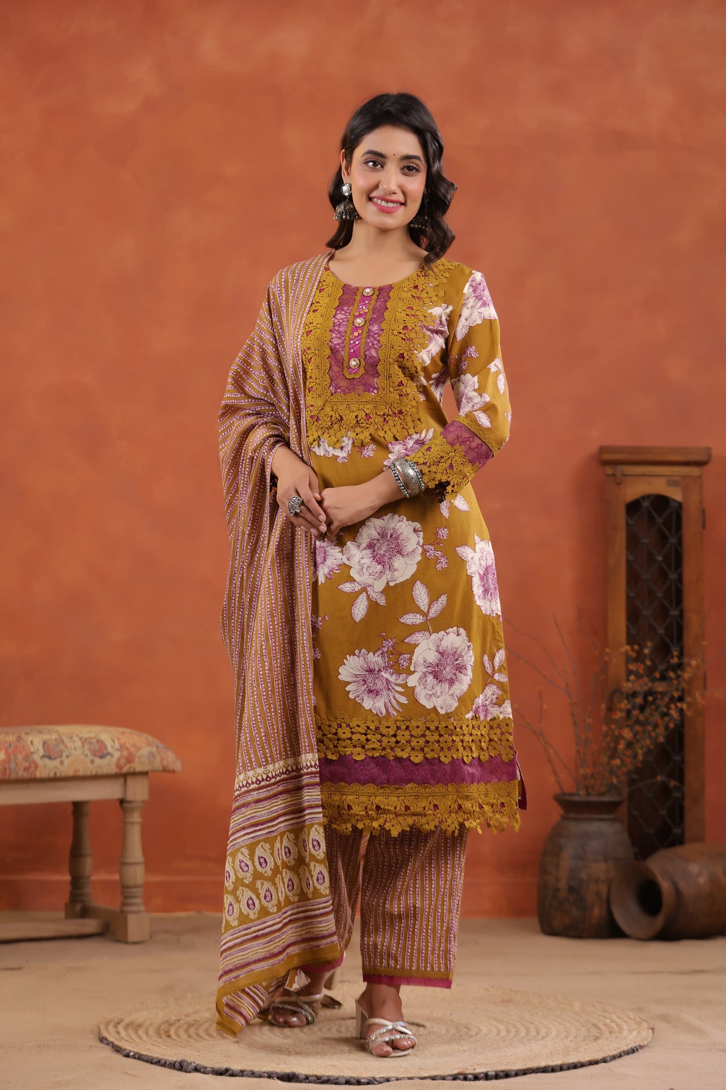 Pure Cotton Jaal Floral Kurti Pant Set