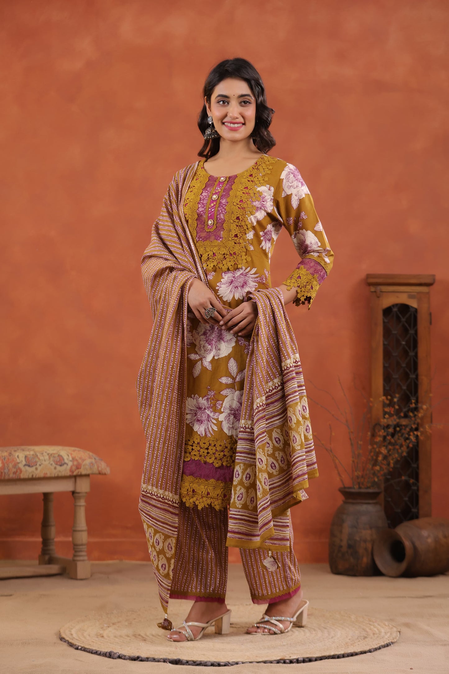 Pure Cotton Jaal Floral Kurti Pant Set