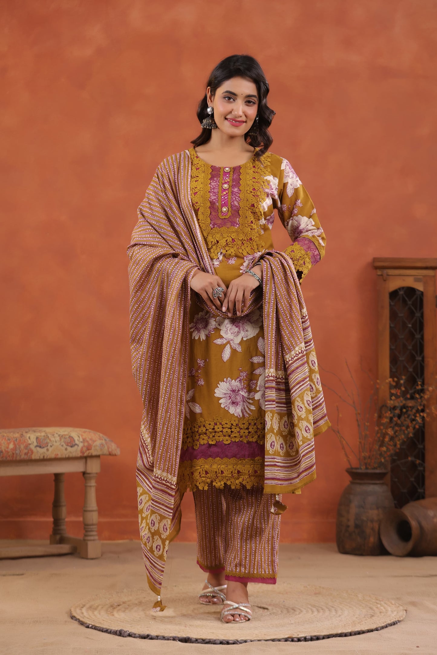 Pure Cotton Jaal Floral Kurti Pant Set