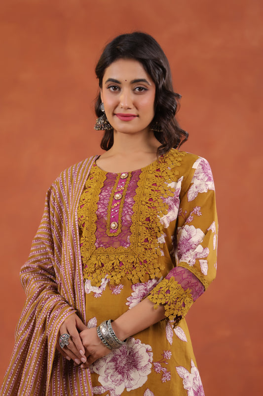 Pure Cotton Jaal Floral Kurti Pant Set
