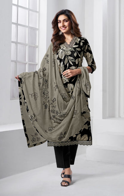 Black Floral Cotton Kurti Pant Set