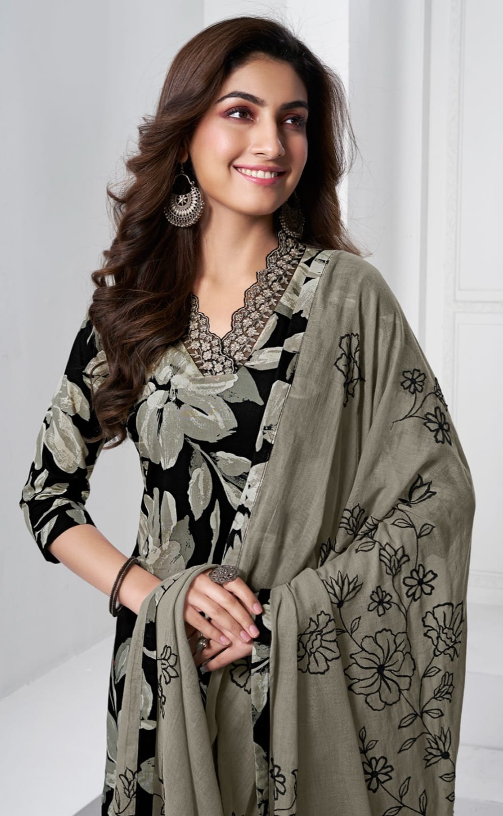 Black Floral Cotton Kurti Pant Set