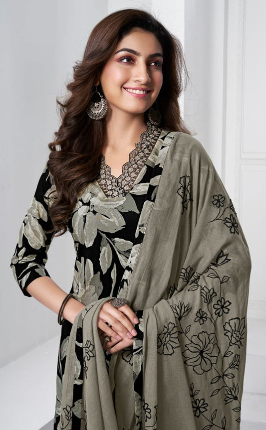 Black Floral Cotton Kurti Pant Set